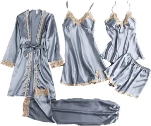 Women Satin Pajamas Set 5 Piece Sleepwear Comfy Spring Summer Pjs Outfits Casual Loungewear Nightgown