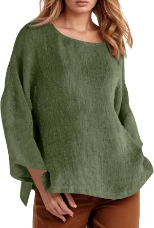 Women Short Sleeve Cotton Linen Shirts Casual Crew Neck Henley T Shirt Bohemian Boho Loose Summer Tee Tops
