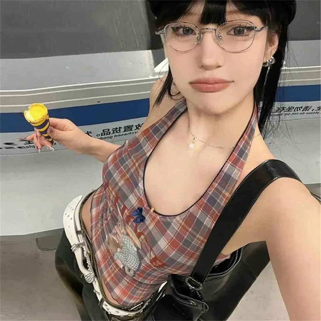 Women Vintage Mesh Tops Sleeveless Plaid Print Tank Y2k Retro Backless Camis Tops