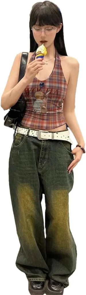Women Vintage Mesh Tops Sleeveless Plaid Print Tank Y2k Retro Backless Camis Tops