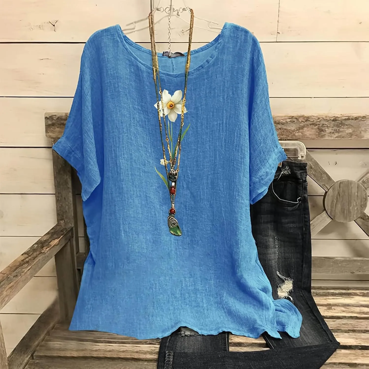 Womens 2025 Summer Linen Tops Short Sleeve Tees Loose Fit Round Neck Floral Blouses with Cute Cat Print for Vacation