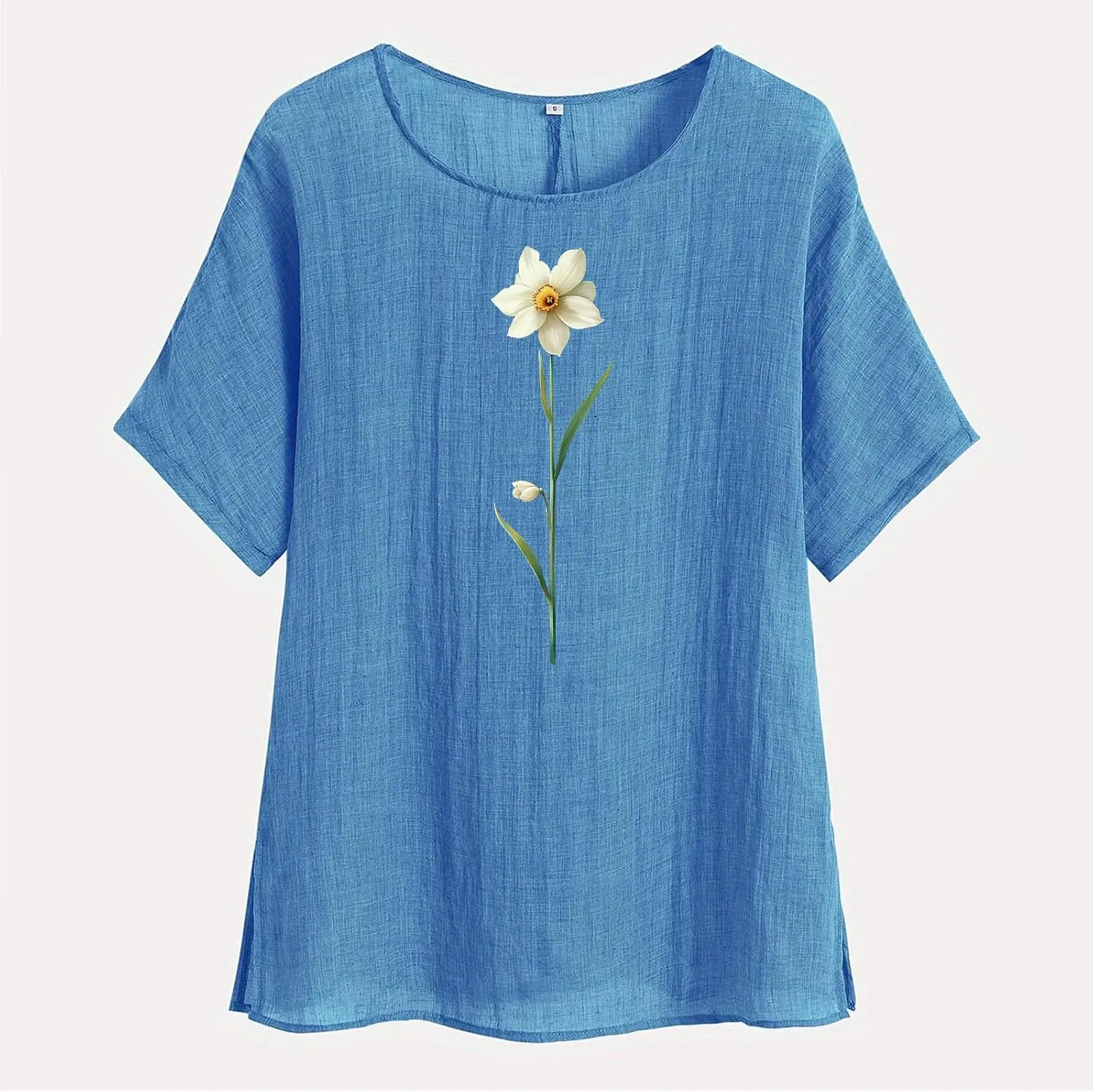 Womens 2025 Summer Linen Tops Short Sleeve Tees Loose Fit Round Neck Floral Blouses with Cute Cat Print for Vacation