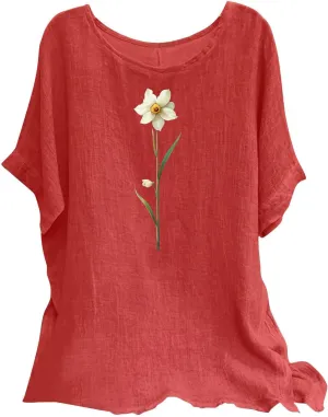 Womens 2025 Summer Linen Tops Short Sleeve Tees Loose Fit Round Neck Floral Blouses with Cute Cat Print for Vacation