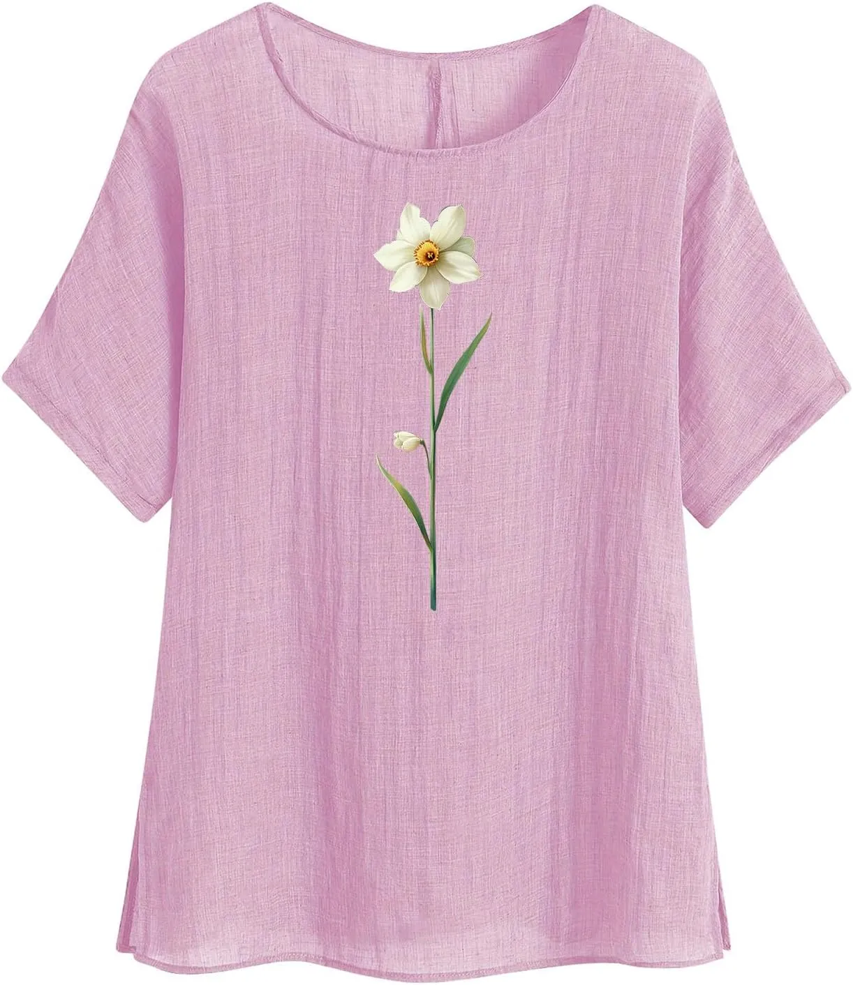 Womens 2025 Summer Linen Tops Short Sleeve Tees Loose Fit Round Neck Floral Blouses with Cute Cat Print for Vacation