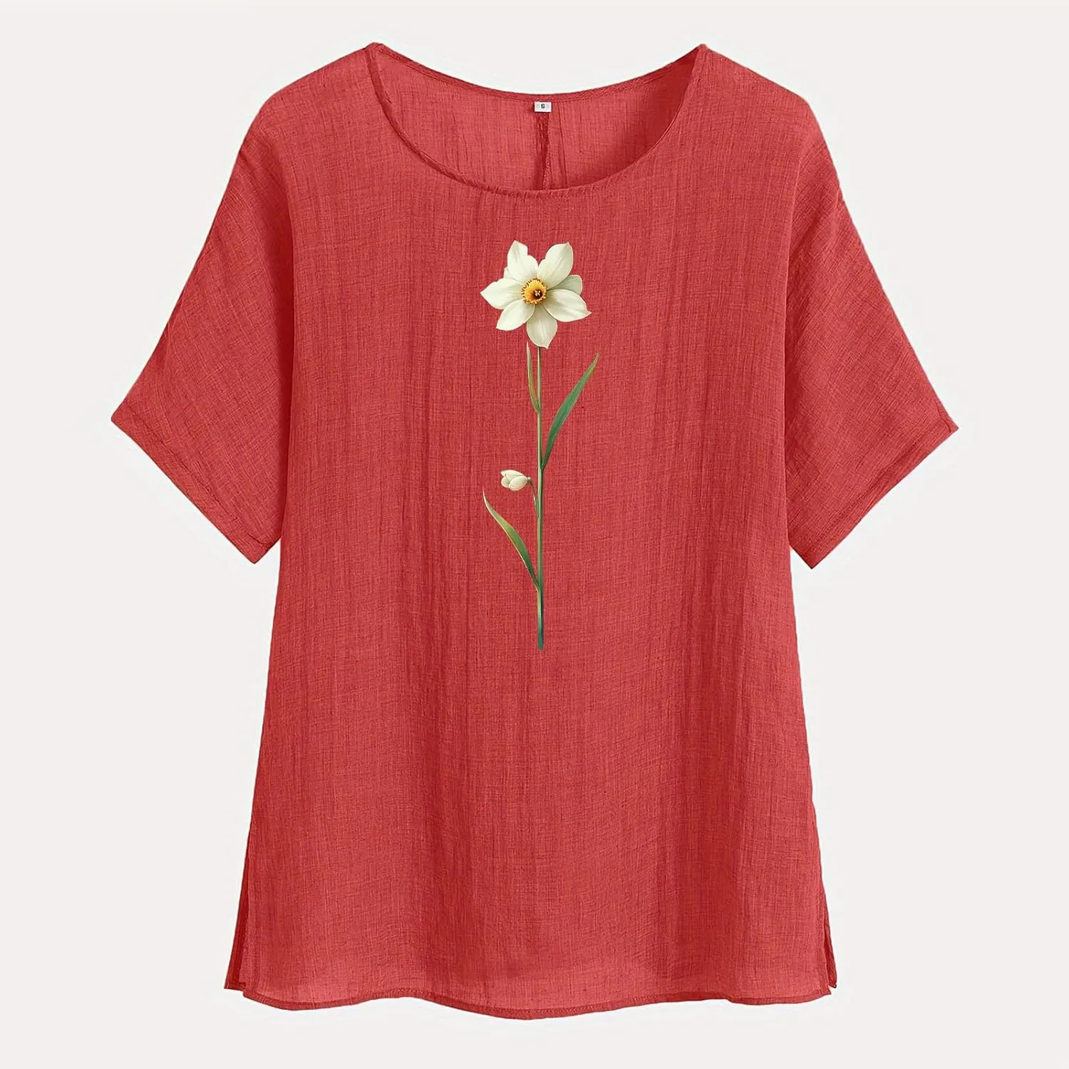 Womens 2025 Summer Linen Tops Short Sleeve Tees Loose Fit Round Neck Floral Blouses with Cute Cat Print for Vacation