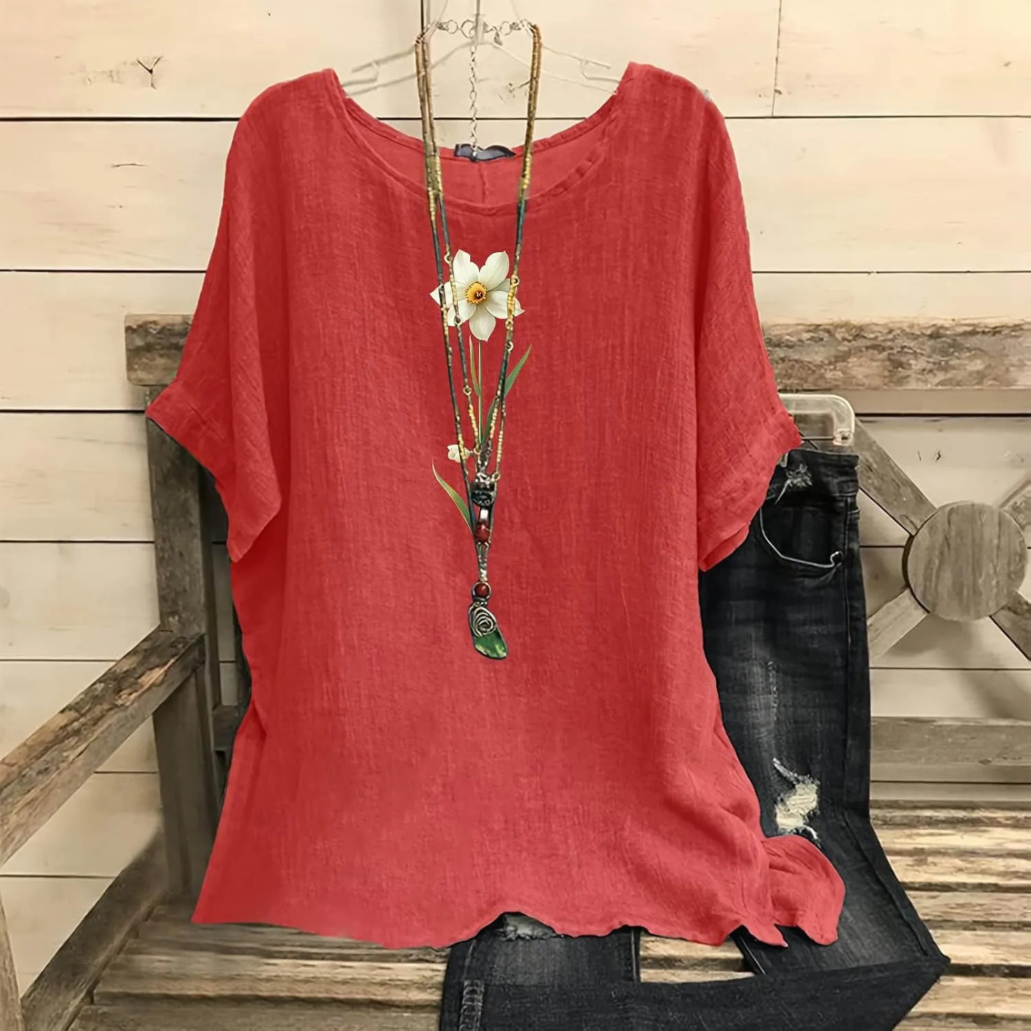 Womens 2025 Summer Linen Tops Short Sleeve Tees Loose Fit Round Neck Floral Blouses with Cute Cat Print for Vacation