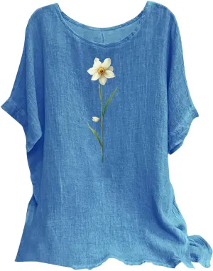 Womens 2025 Summer Linen Tops Short Sleeve Tees Loose Fit Round Neck Floral Blouses with Cute Cat Print for Vacation