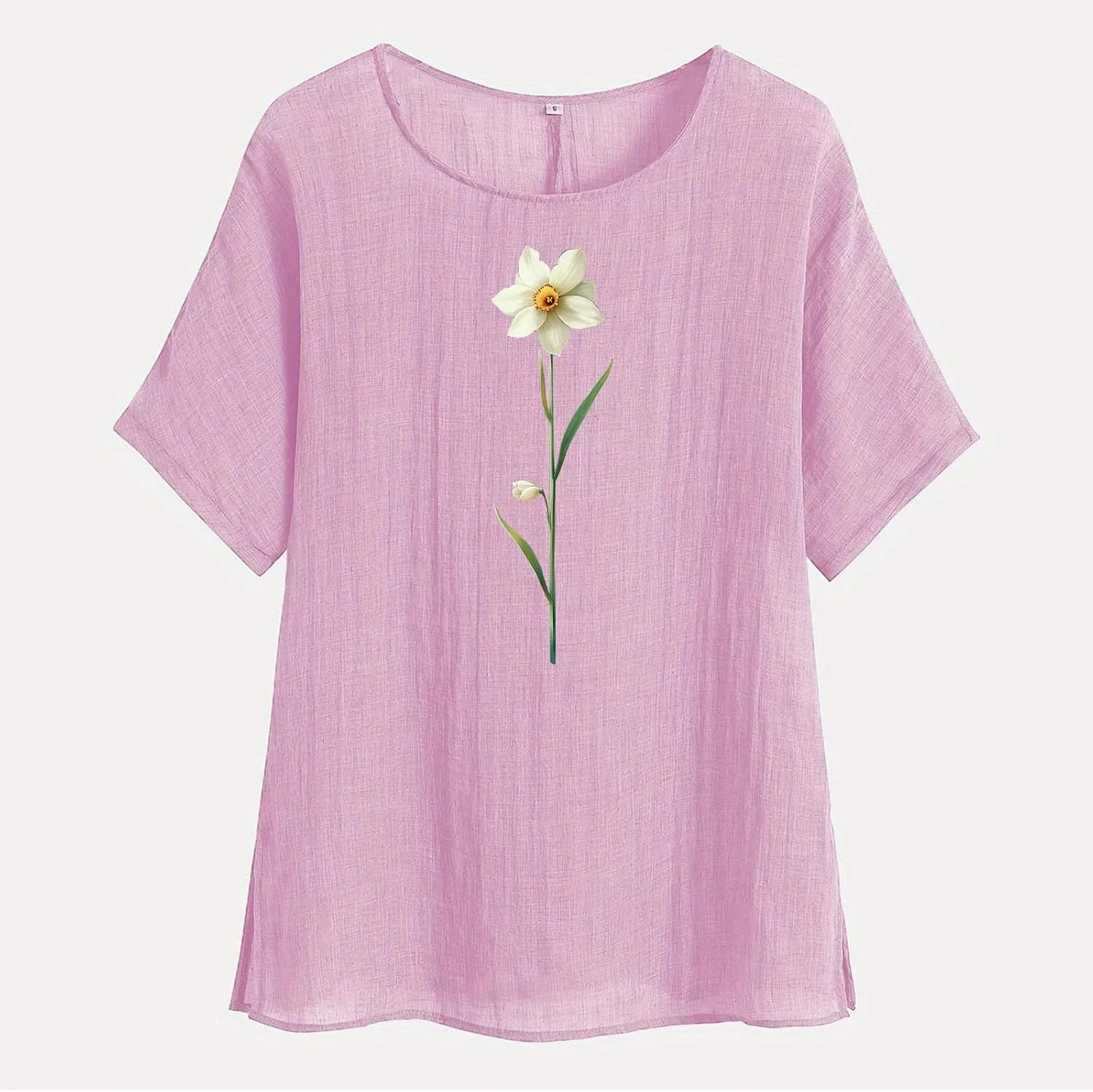 Womens 2025 Summer Linen Tops Short Sleeve Tees Loose Fit Round Neck Floral Blouses with Cute Cat Print for Vacation