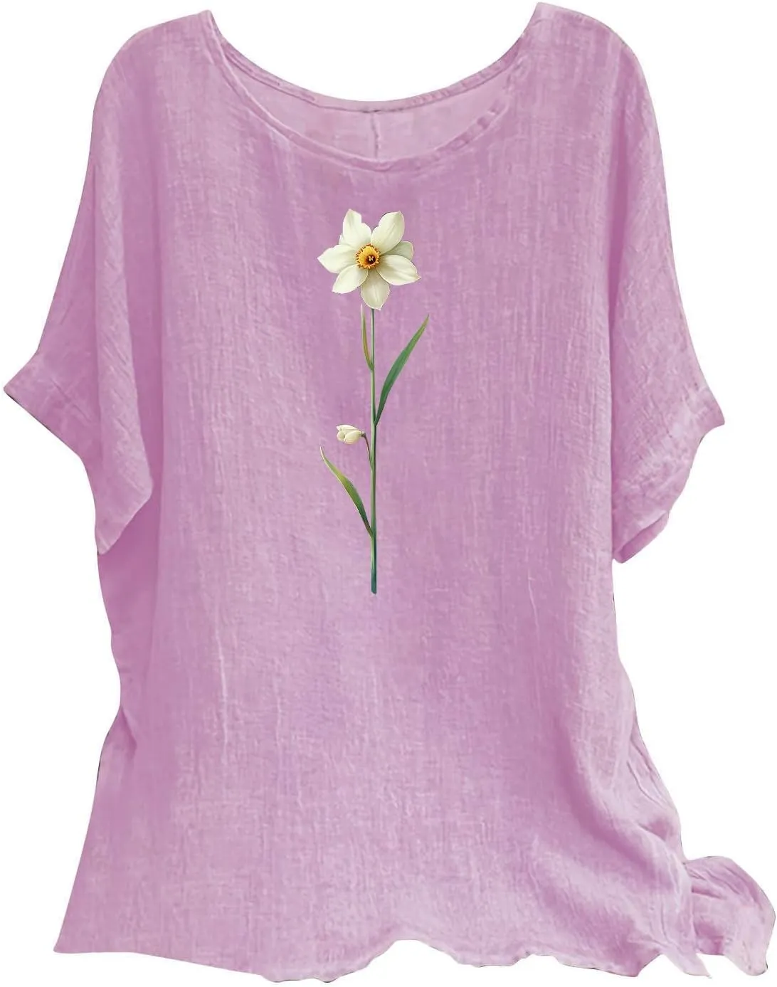 Womens 2025 Summer Linen Tops Short Sleeve Tees Loose Fit Round Neck Floral Blouses with Cute Cat Print for Vacation