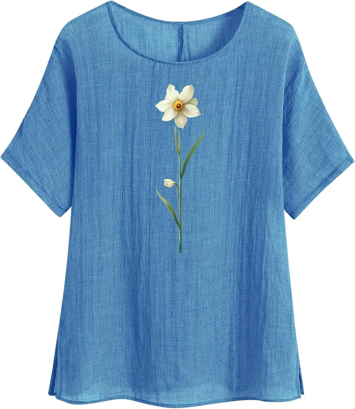 Womens 2025 Summer Linen Tops Short Sleeve Tees Loose Fit Round Neck Floral Blouses with Cute Cat Print for Vacation