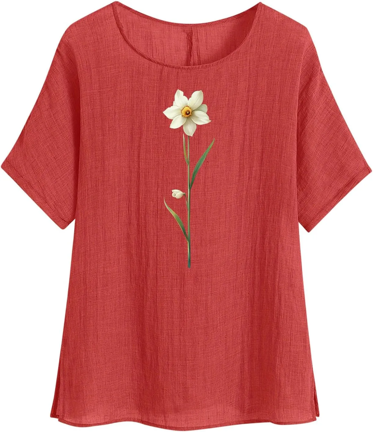 Womens 2025 Summer Linen Tops Short Sleeve Tees Loose Fit Round Neck Floral Blouses with Cute Cat Print for Vacation