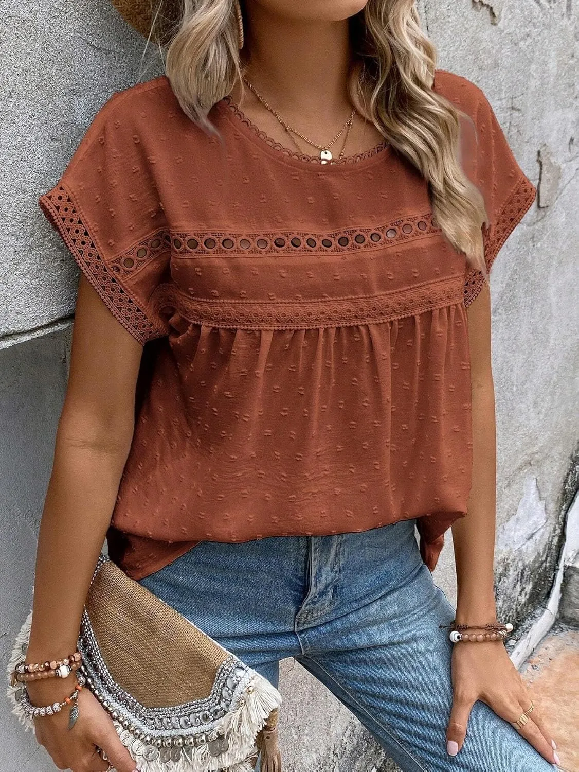 Women's Blouses Shirts Lace Batwing Sleeve Short Sleeve Tops Trendy Tshirts Tops