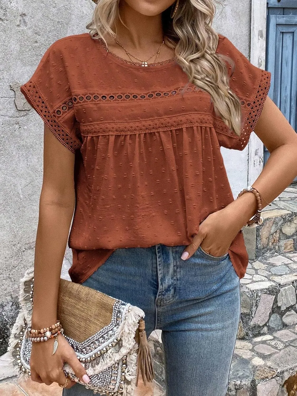 Women's Blouses Shirts Lace Batwing Sleeve Short Sleeve Tops Trendy Tshirts Tops