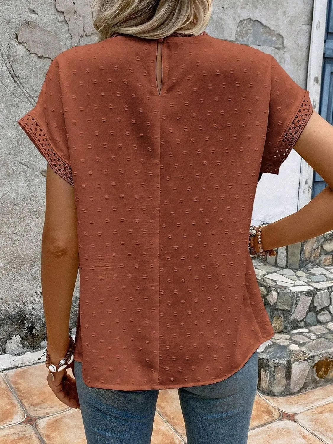 Women's Blouses Shirts Lace Batwing Sleeve Short Sleeve Tops Trendy Tshirts Tops