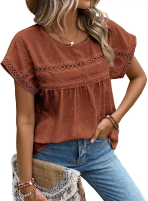 Women's Blouses Shirts Lace Batwing Sleeve Short Sleeve Tops Trendy Tshirts Tops