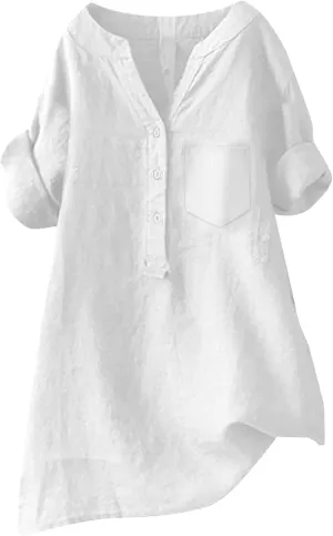 Women's Button Down Shirts Plain Long Sleeve Cotton Linen Summer Casual Business Blouse Top Loose Fit T Shirts