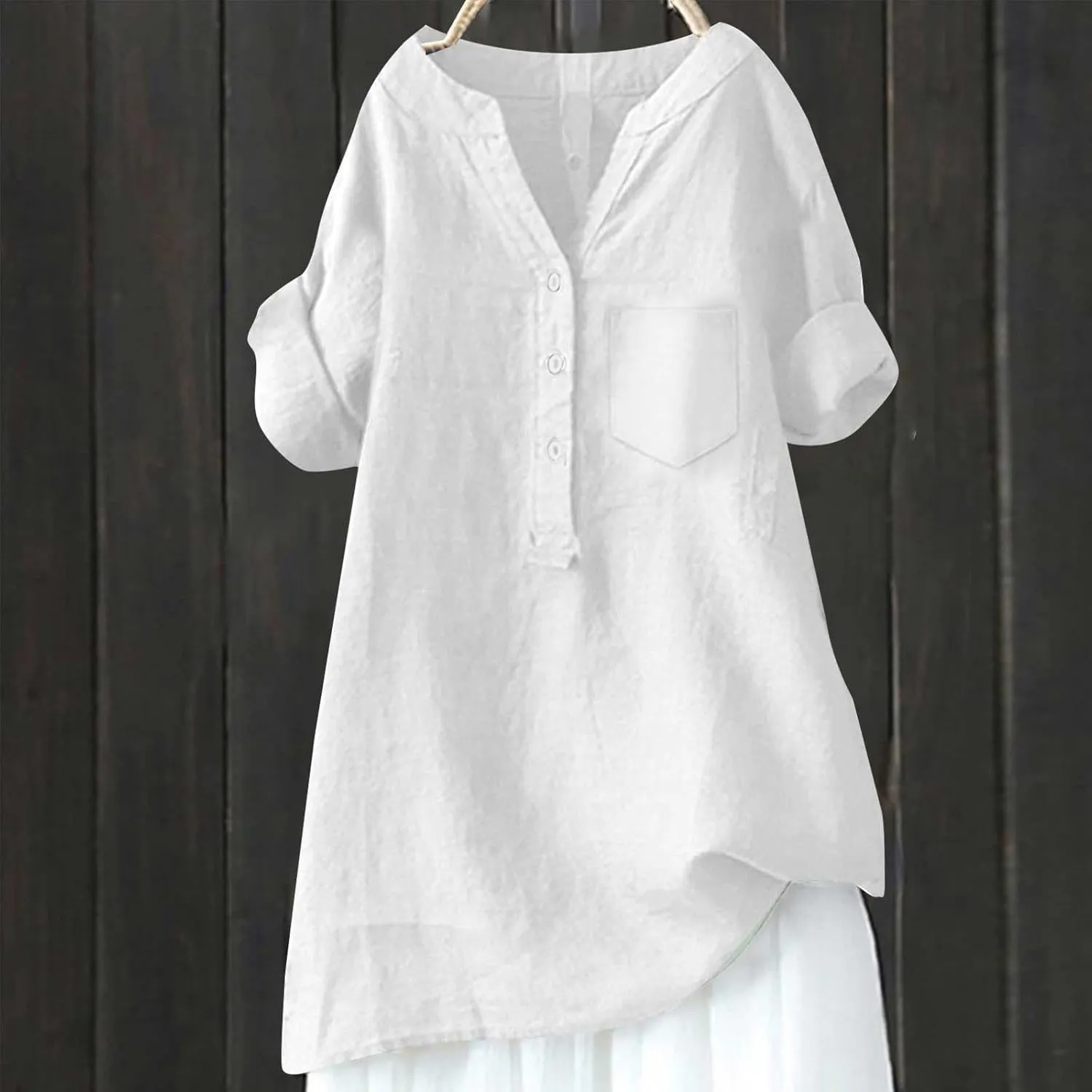 Women's Button Down Shirts Plain Long Sleeve Cotton Linen Summer Casual Business Blouse Top Loose Fit T Shirts