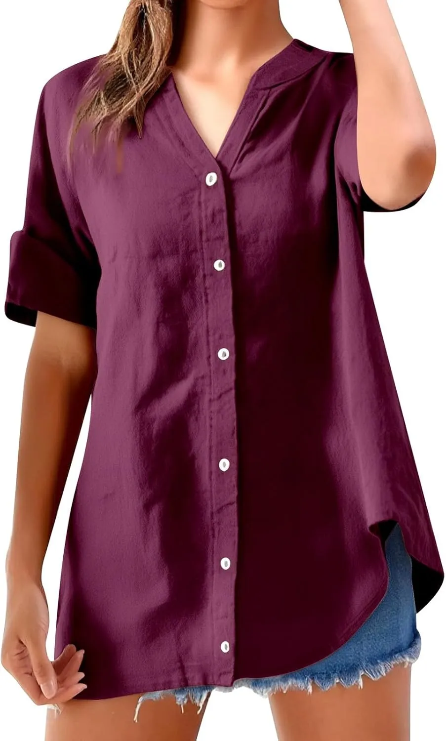 Womens Button Shirt Cotton and Linen 3/4 Sleeve V Neck Basic Shirt Casual Loose Business Blouses Tunics Top