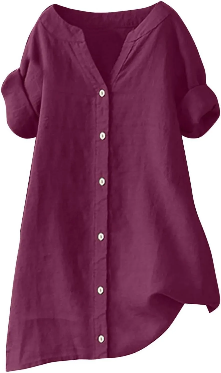Womens Button Shirt Cotton and Linen 3/4 Sleeve V Neck Basic Shirt Casual Loose Business Blouses Tunics Top