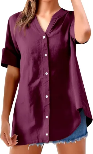 Womens Button Shirt Cotton and Linen 3/4 Sleeve V Neck Basic Shirt Casual Loose Business Blouses Tunics Top
