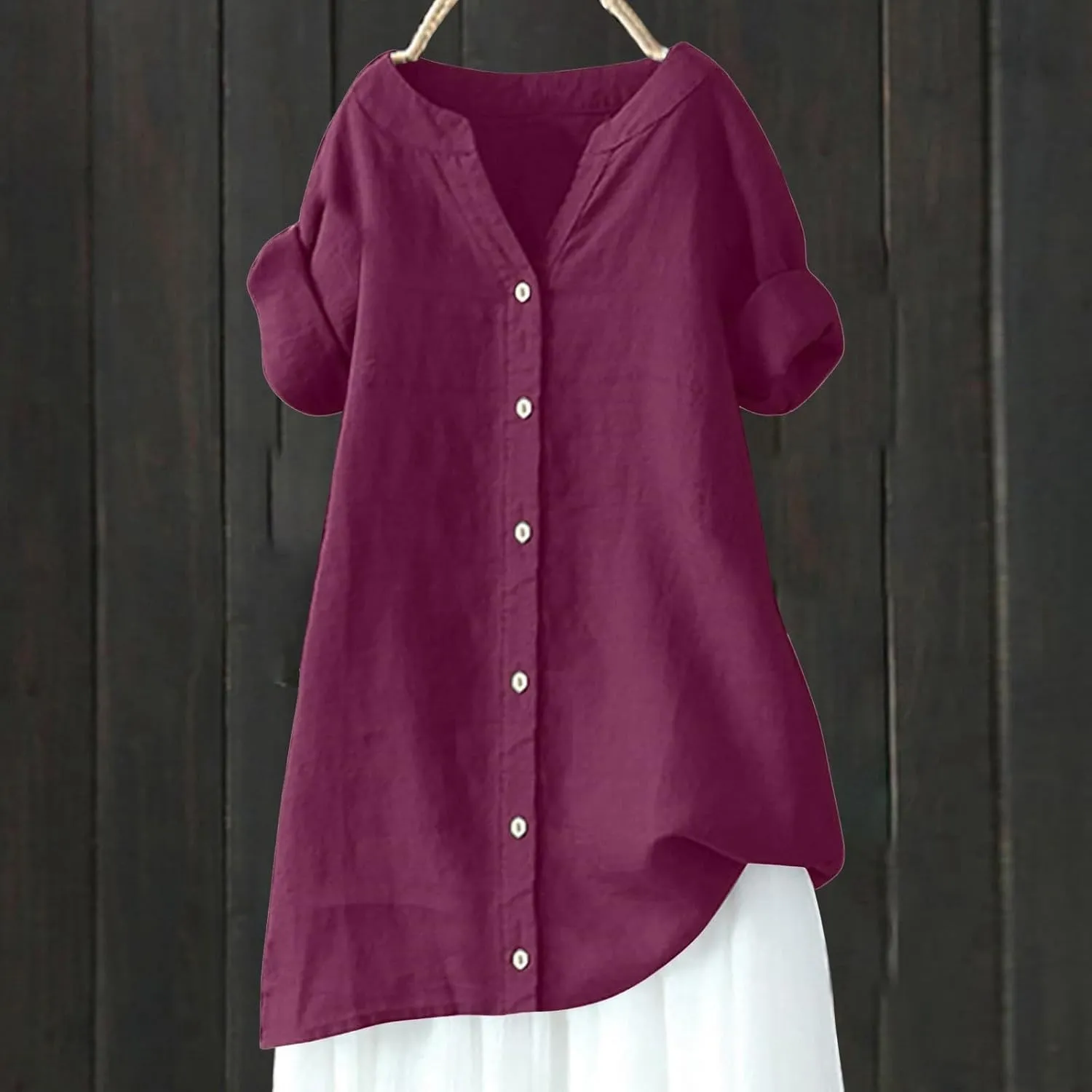 Womens Button Shirt Cotton and Linen 3/4 Sleeve V Neck Basic Shirt Casual Loose Business Blouses Tunics Top
