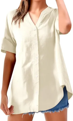 Womens Button Up Shirt Solid Short Sleeve Linen Summer Casual Basic Blouse Tops Loose Tee Shirt