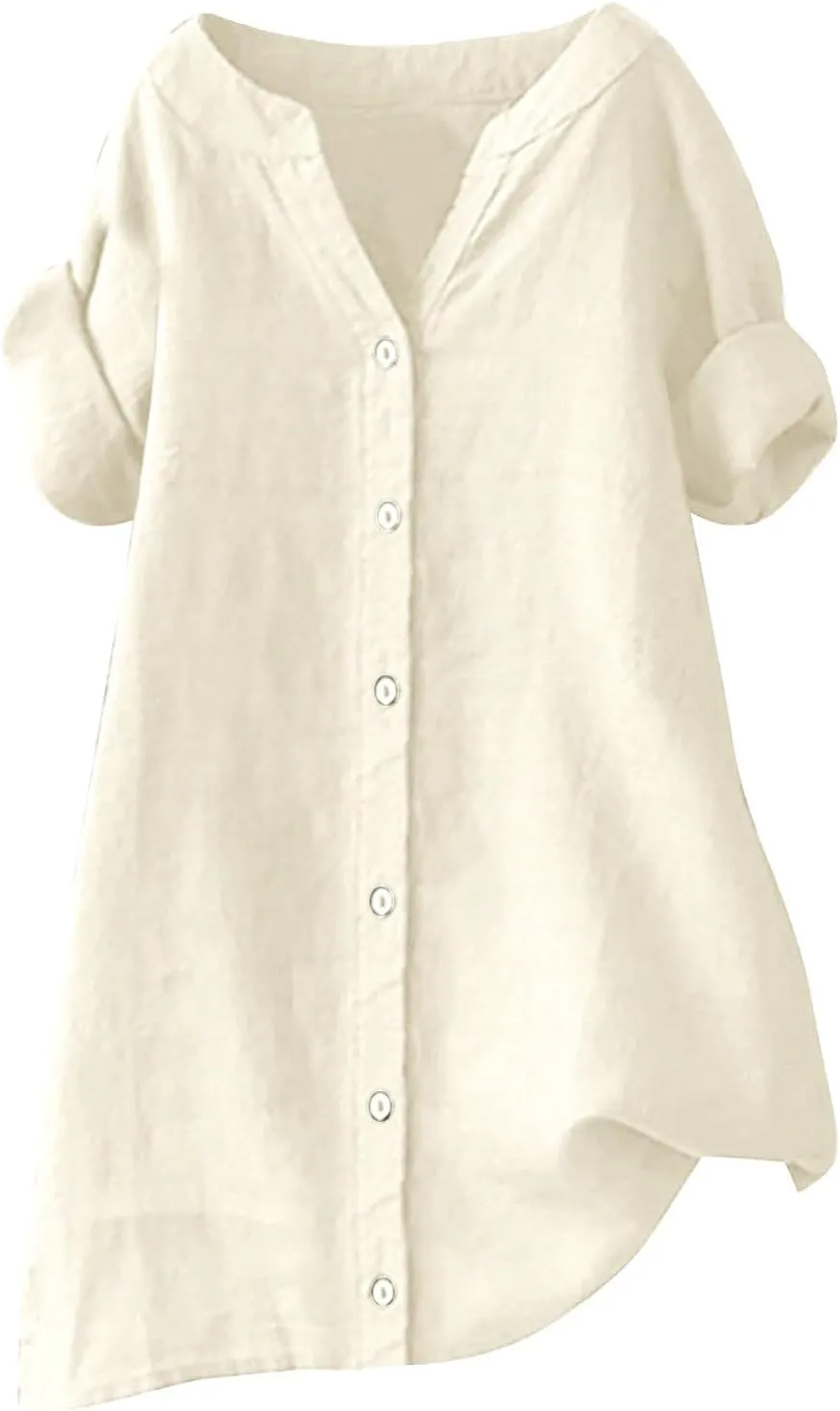 Womens Button Up Shirt Solid Short Sleeve Linen Summer Casual Basic Blouse Tops Loose Tee Shirt