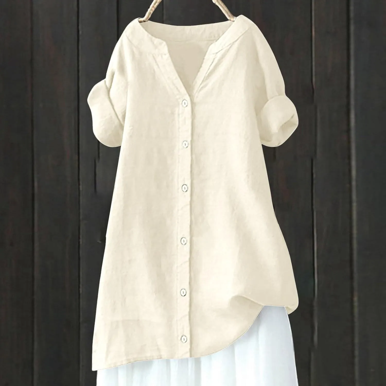 Womens Button Up Shirt Solid Short Sleeve Linen Summer Casual Basic Blouse Tops Loose Tee Shirt