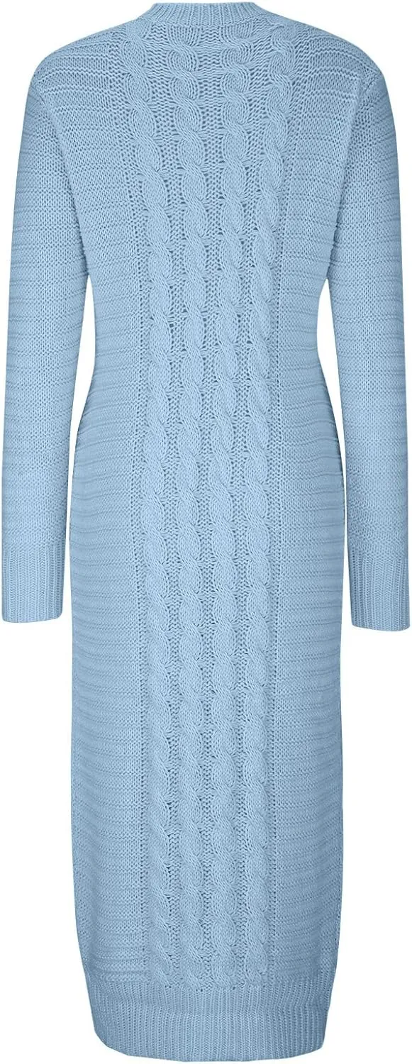 Women's Cable Knit Maxi Dress Warm Ankle Length Sweater Dress Winter Dress Stretch Slim Fit Long Sleeve O-Neck Dress