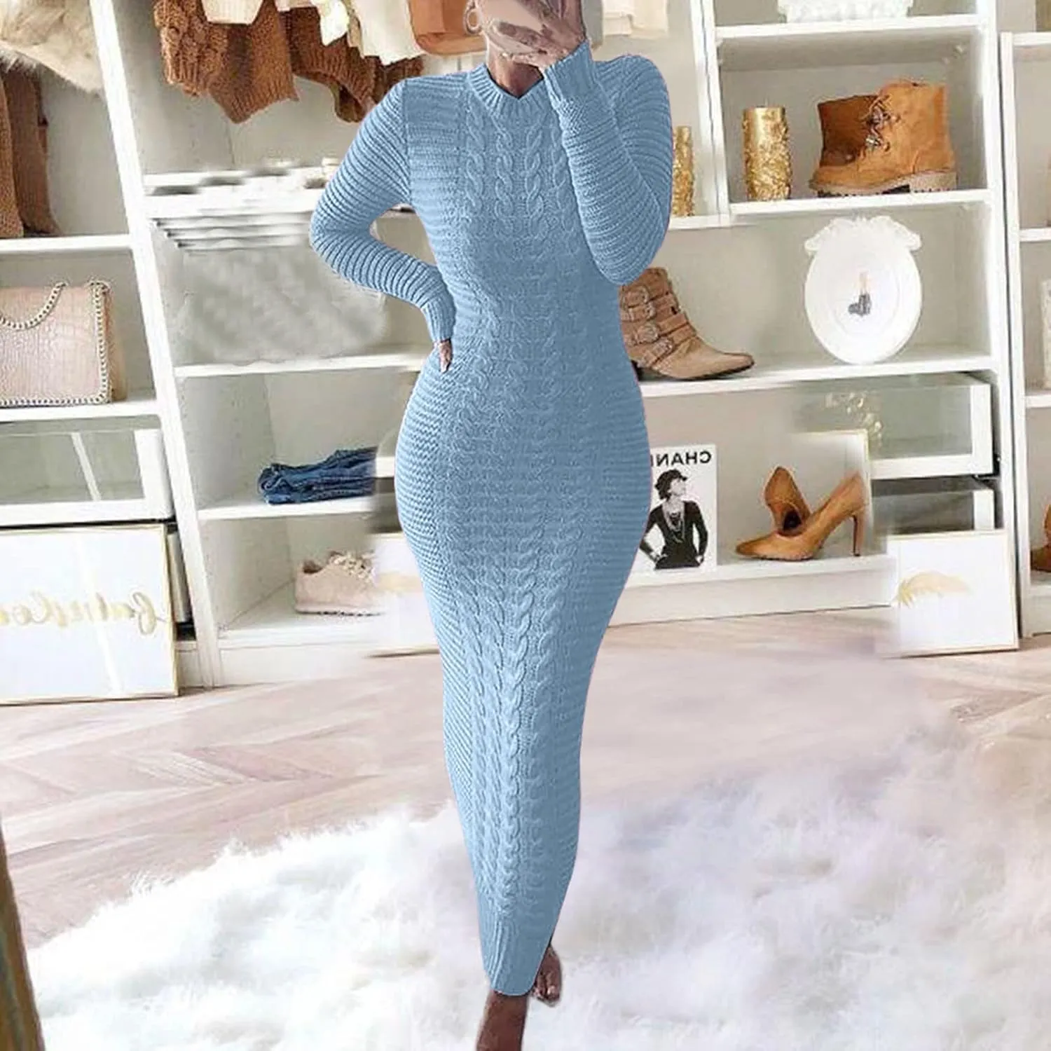 Women's Cable Knit Maxi Dress Warm Ankle Length Sweater Dress Winter Dress Stretch Slim Fit Long Sleeve O-Neck Dress