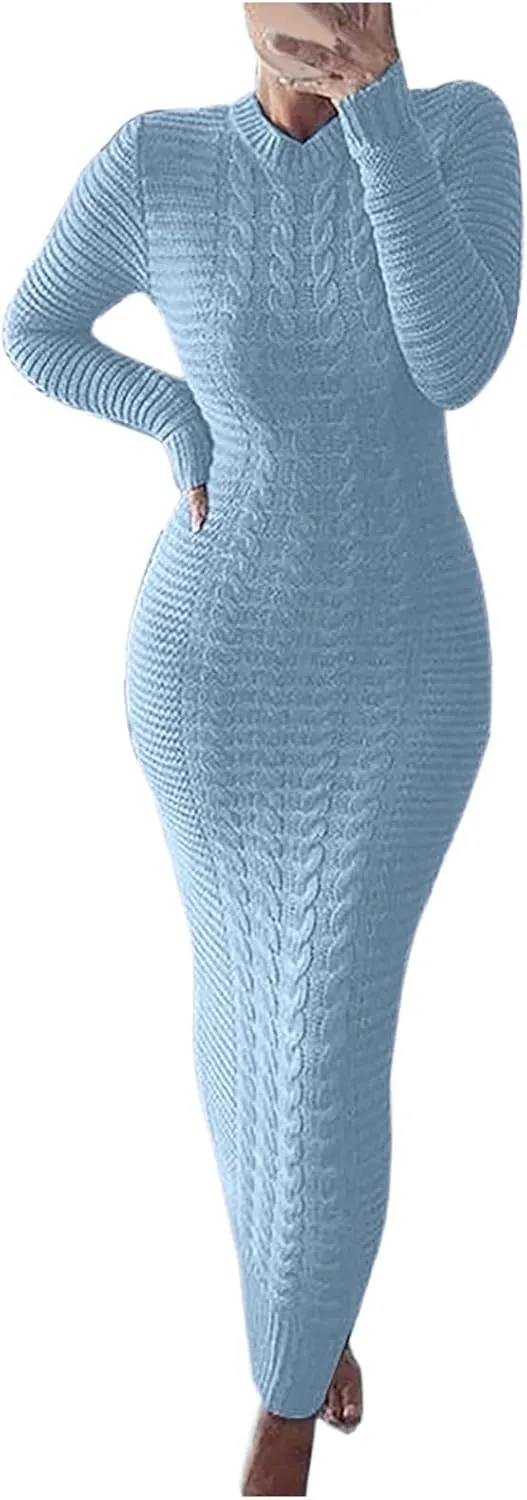 Women's Cable Knit Maxi Dress Warm Ankle Length Sweater Dress Winter Dress Stretch Slim Fit Long Sleeve O-Neck Dress