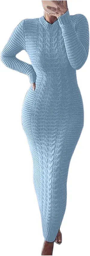 Women's Cable Knit Maxi Dress Warm Ankle Length Sweater Dress Winter Dress Stretch Slim Fit Long Sleeve O-Neck Dress