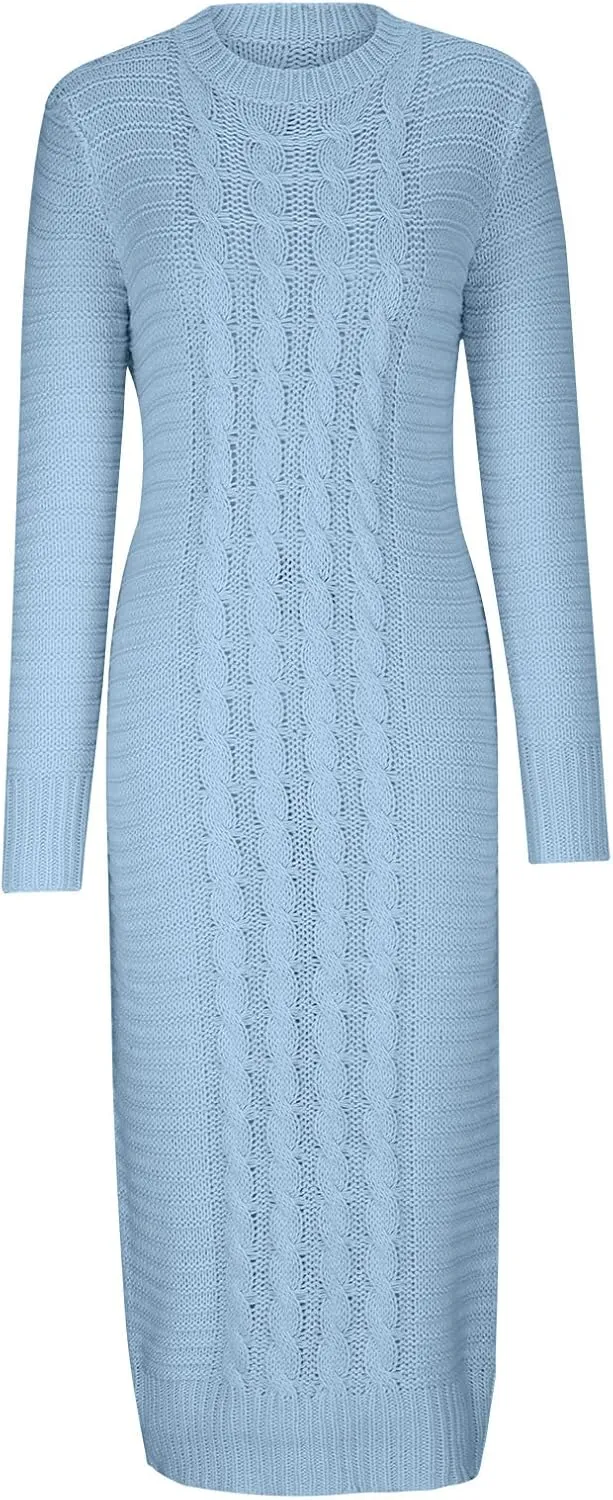 Women's Cable Knit Maxi Dress Warm Ankle Length Sweater Dress Winter Dress Stretch Slim Fit Long Sleeve O-Neck Dress