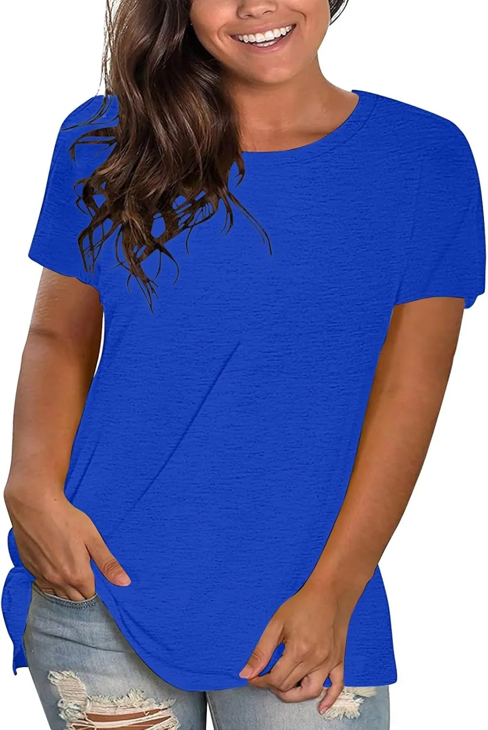 Women'S Casual Solid Color Cotton Tops Round Neck Short Sleeve Tops Shirts Loose Shirts T Shirts Casual Loose Basic Tops