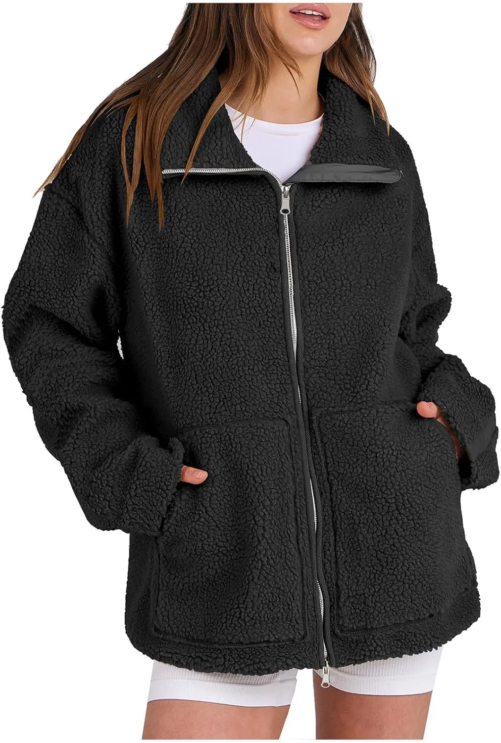 Womens Collared Fleece Jacket Oversized Fuzzy Sherpa Coat With Pockets Plus Size Winter Outerwear Fashion Trench Coat