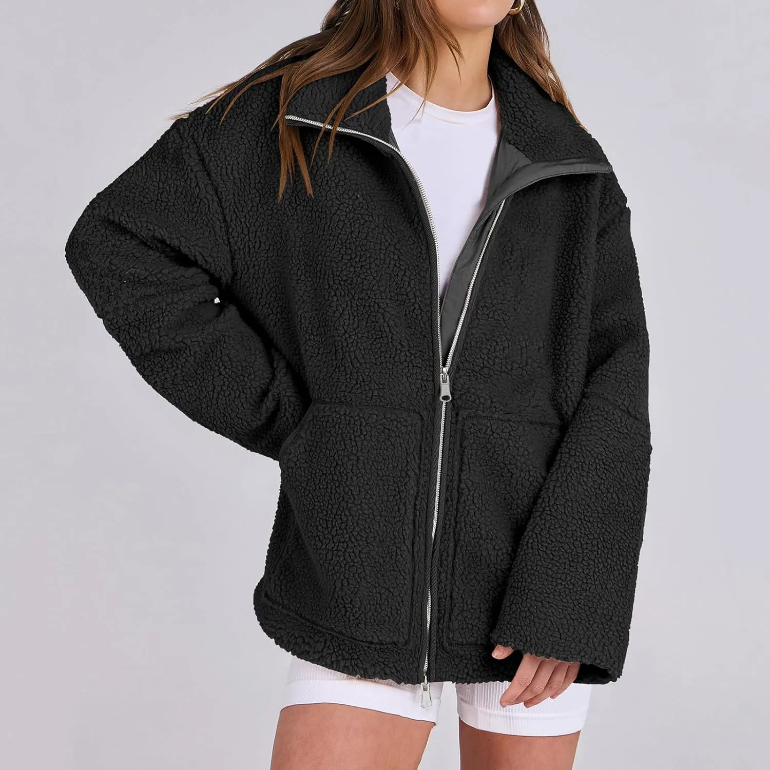 Womens Collared Fleece Jacket Oversized Fuzzy Sherpa Coat With Pockets Plus Size Winter Outerwear Fashion Trench Coat
