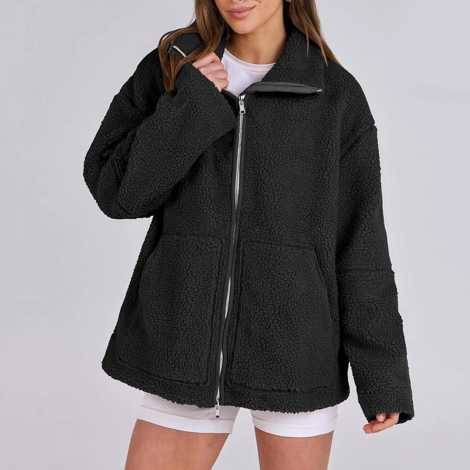 Womens Collared Fleece Jacket Oversized Fuzzy Sherpa Coat With Pockets Plus Size Winter Outerwear Fashion Trench Coat