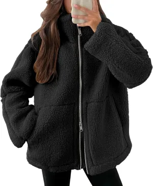 Womens Collared Fleece Jacket Oversized Fuzzy Sherpa Coat With Pockets Plus Size Winter Outerwear Fashion Trench Coat