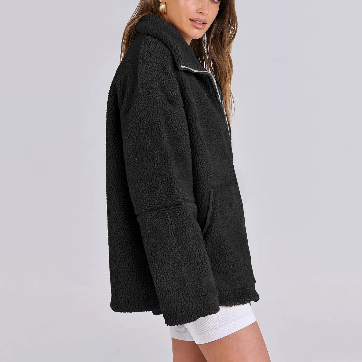 Womens Collared Fleece Jacket Oversized Fuzzy Sherpa Coat With Pockets Plus Size Winter Outerwear Fashion Trench Coat