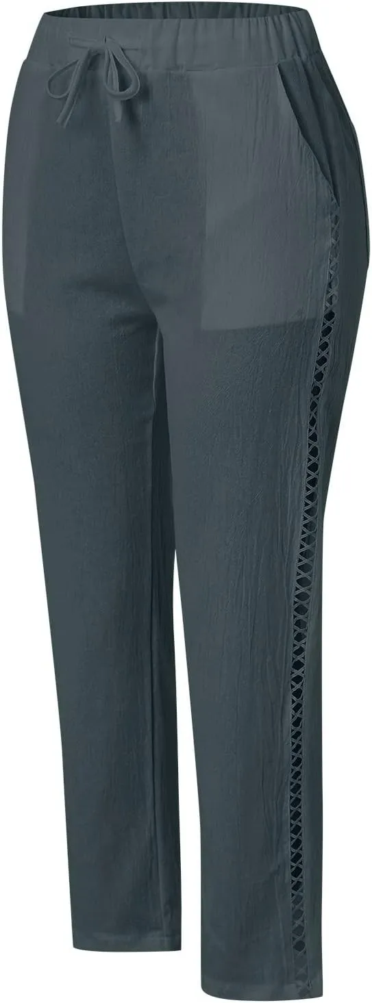 Women's Cotton Linen Pants with Drawstring High Waisted Cut Out Lounge Bottoms Summer Beachwear Lightweight Trousers