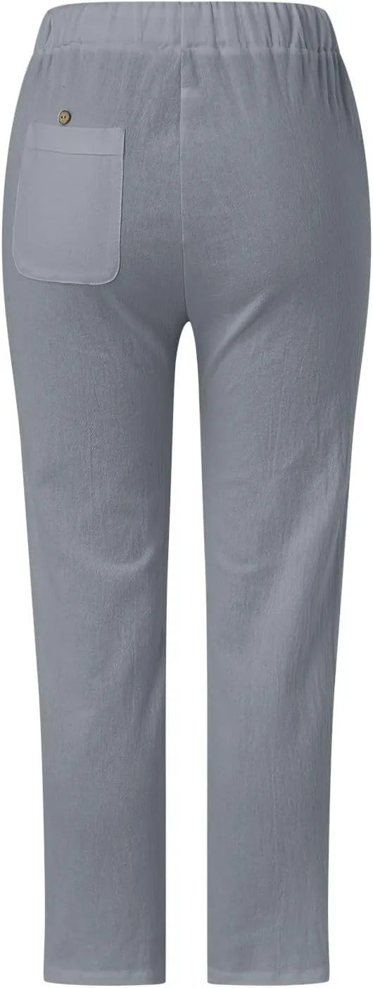 Women's Cotton Linen Pants with Drawstring High Waisted Cut Out Lounge Bottoms Summer Beachwear Lightweight Trousers