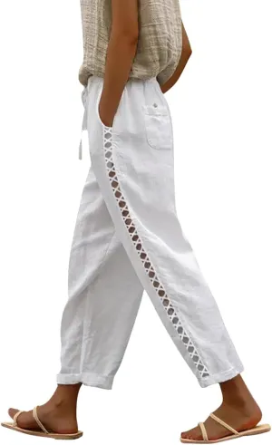 Women's Cotton Linen Pants with Drawstring High Waisted Cut Out Lounge Bottoms Summer Beachwear Lightweight Trousers