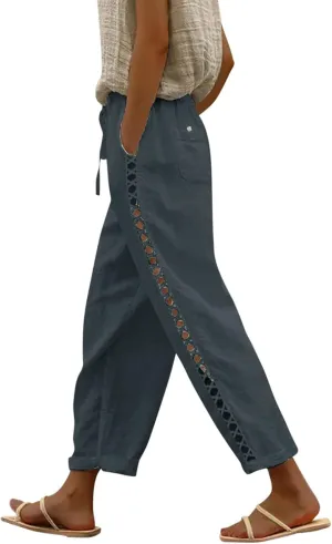 Women's Cotton Linen Pants with Drawstring High Waisted Cut Out Lounge Bottoms Summer Beachwear Lightweight Trousers