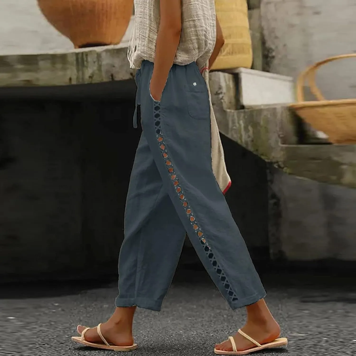 Women's Cotton Linen Pants with Drawstring High Waisted Cut Out Lounge Bottoms Summer Beachwear Lightweight Trousers