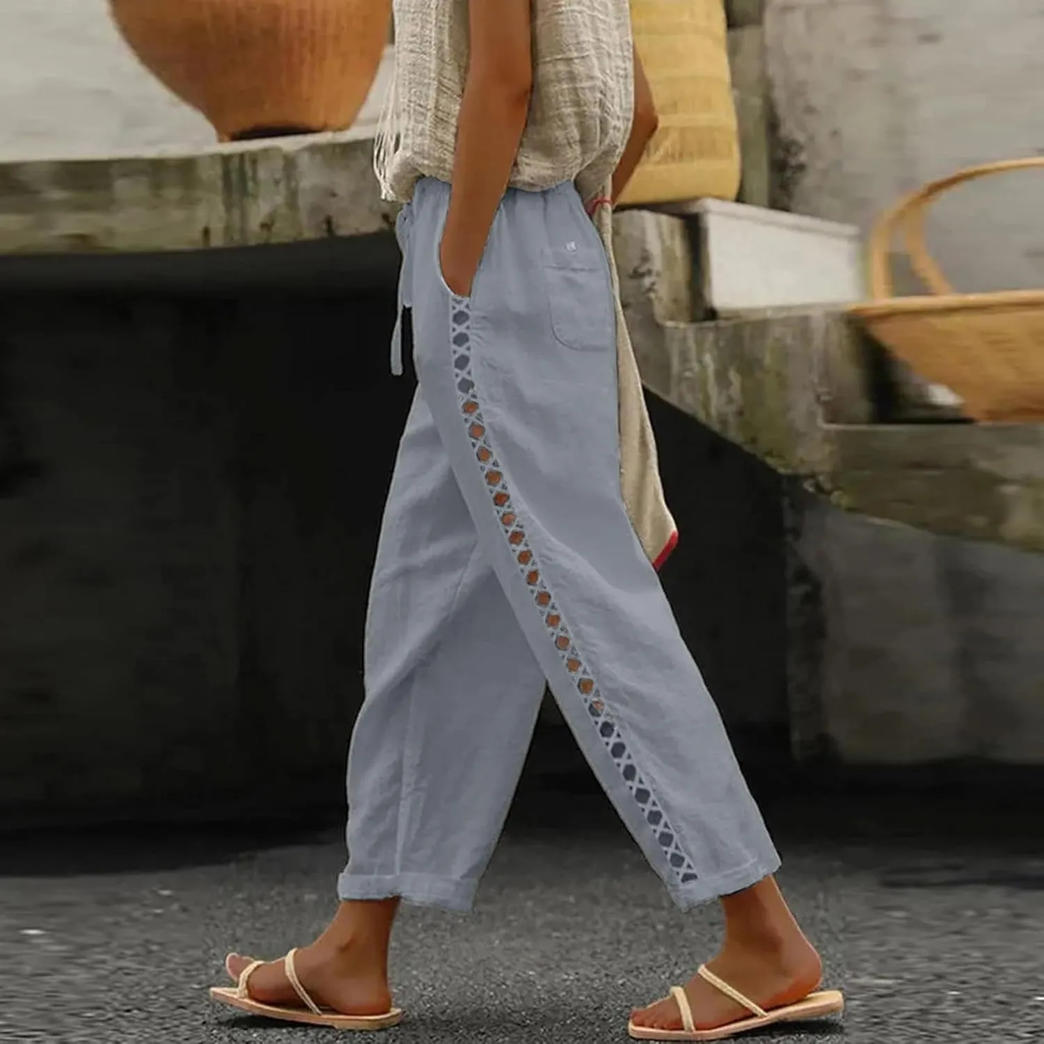 Women's Cotton Linen Pants with Drawstring High Waisted Cut Out Lounge Bottoms Summer Beachwear Lightweight Trousers