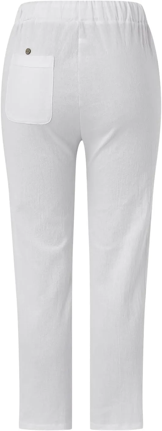 Women's Cotton Linen Pants with Drawstring High Waisted Cut Out Lounge Bottoms Summer Beachwear Lightweight Trousers