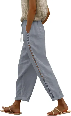 Women's Cotton Linen Pants with Drawstring High Waisted Cut Out Lounge Bottoms Summer Beachwear Lightweight Trousers