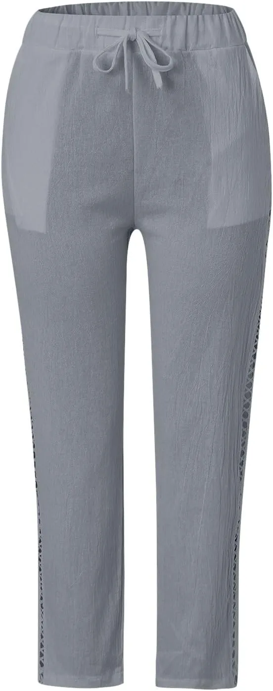 Women's Cotton Linen Pants with Drawstring High Waisted Cut Out Lounge Bottoms Summer Beachwear Lightweight Trousers