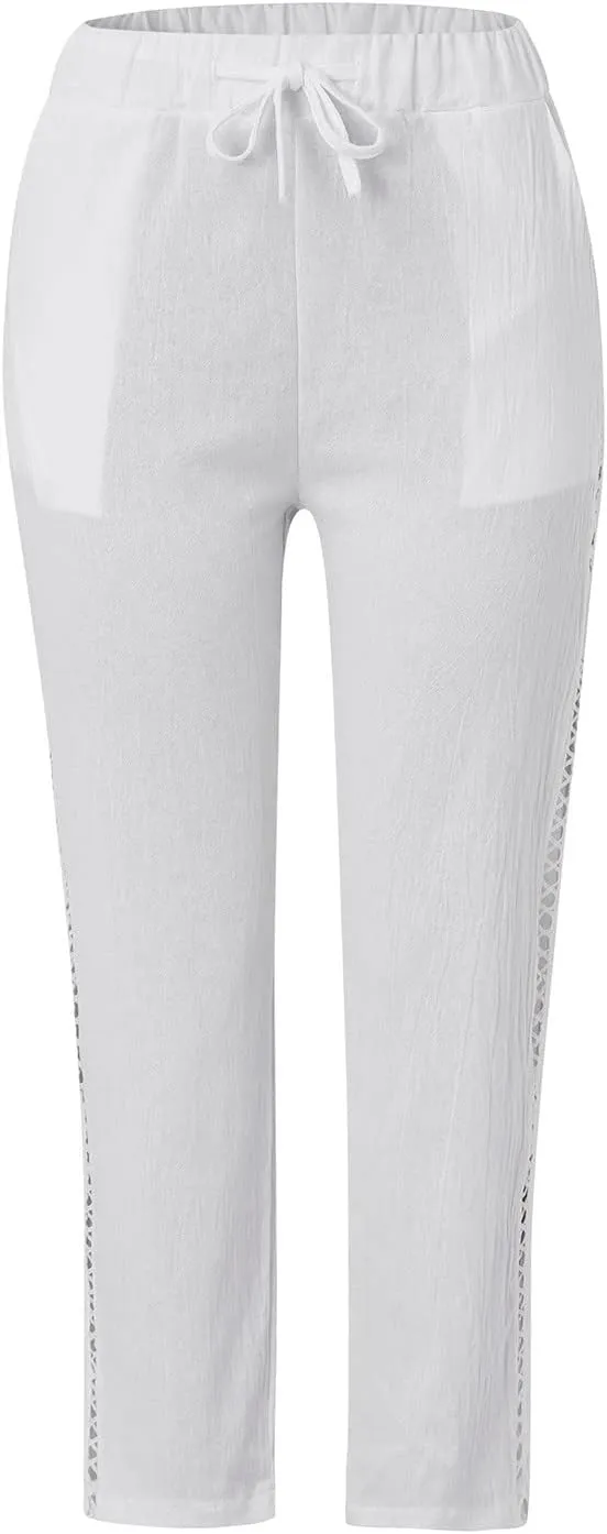Women's Cotton Linen Pants with Drawstring High Waisted Cut Out Lounge Bottoms Summer Beachwear Lightweight Trousers