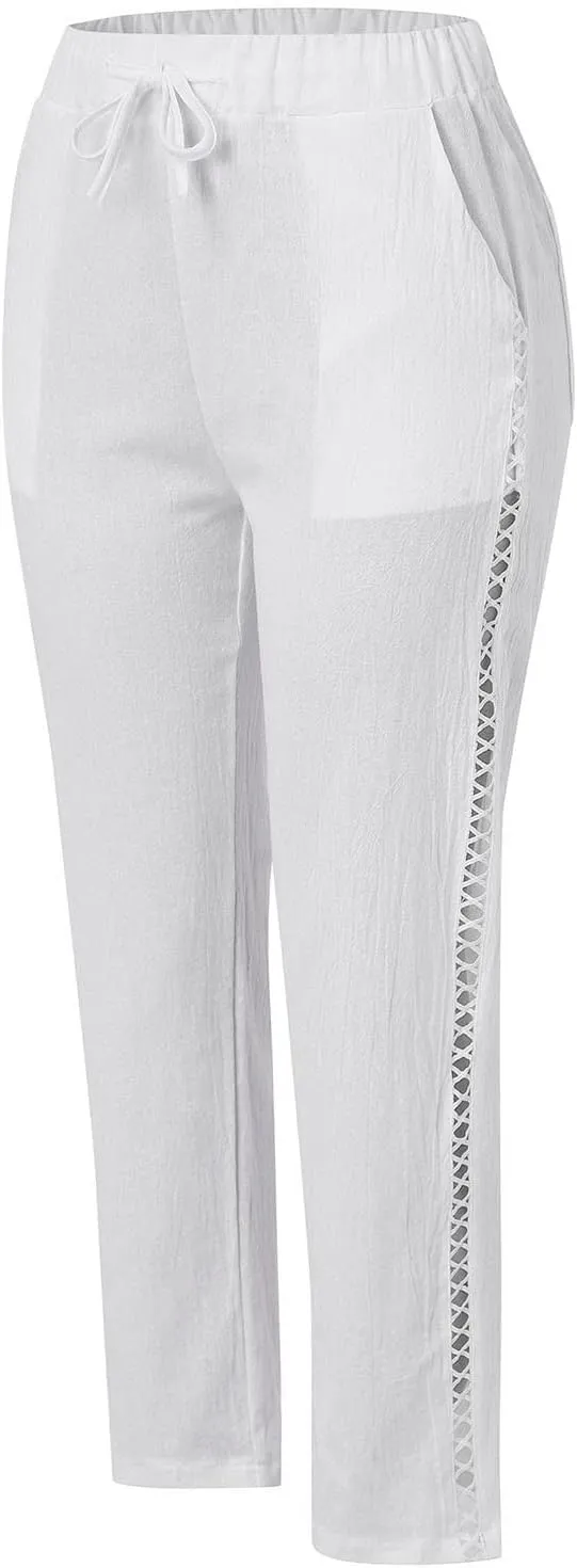 Women's Cotton Linen Pants with Drawstring High Waisted Cut Out Lounge Bottoms Summer Beachwear Lightweight Trousers